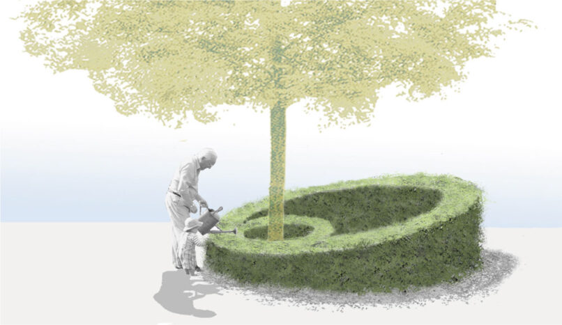 Welsch und Egger Landschaftsarchitekten Bauherr: Gemeinde Denklingen Projekt: Wettbewerb Erneuerung alter Friedhof Epfach Perspektive Buchsbaumrondell