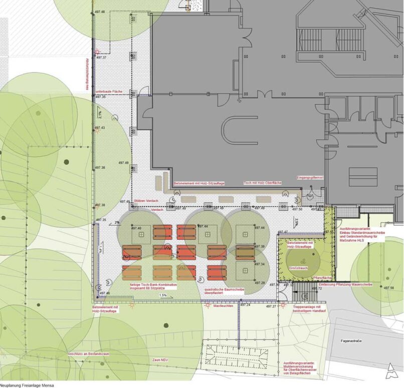 Welsch und Egger Landschaftsarchitekten Bauherr: Landeshauptstadt Muenchen - Referat fuer Bildung und Sport Projekt: Umnutzung eines Restaurants zu einer Schulmensa in der Mehrzweckhalle Georg-Zech-Allee – Freianlage