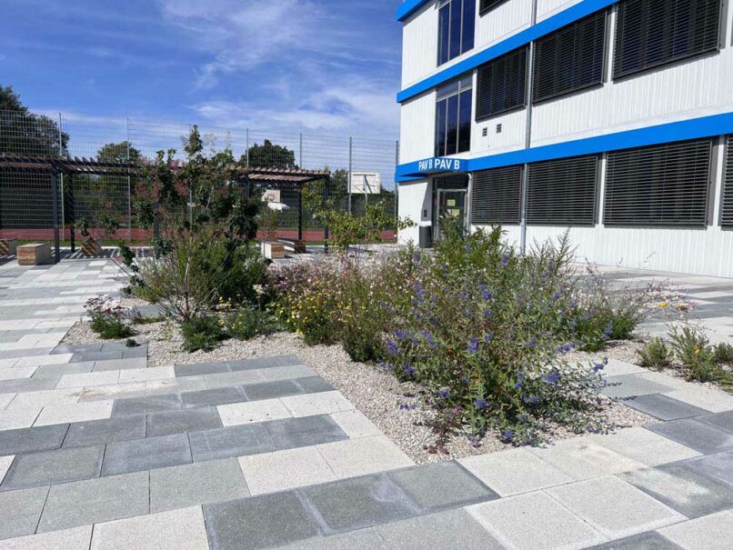 Welsch und Egger Landschaftsarchitekten Bauherr: Landeshauptstadt Muenchen - Referat fuer Bildung und Sport Projekt: Neubau eines Erweiterungsgebäudes und zweier mobilen Schulraumeinheit an der Grund- und Mittelschule Toni-Pfülf-Straße + Lassallestraße