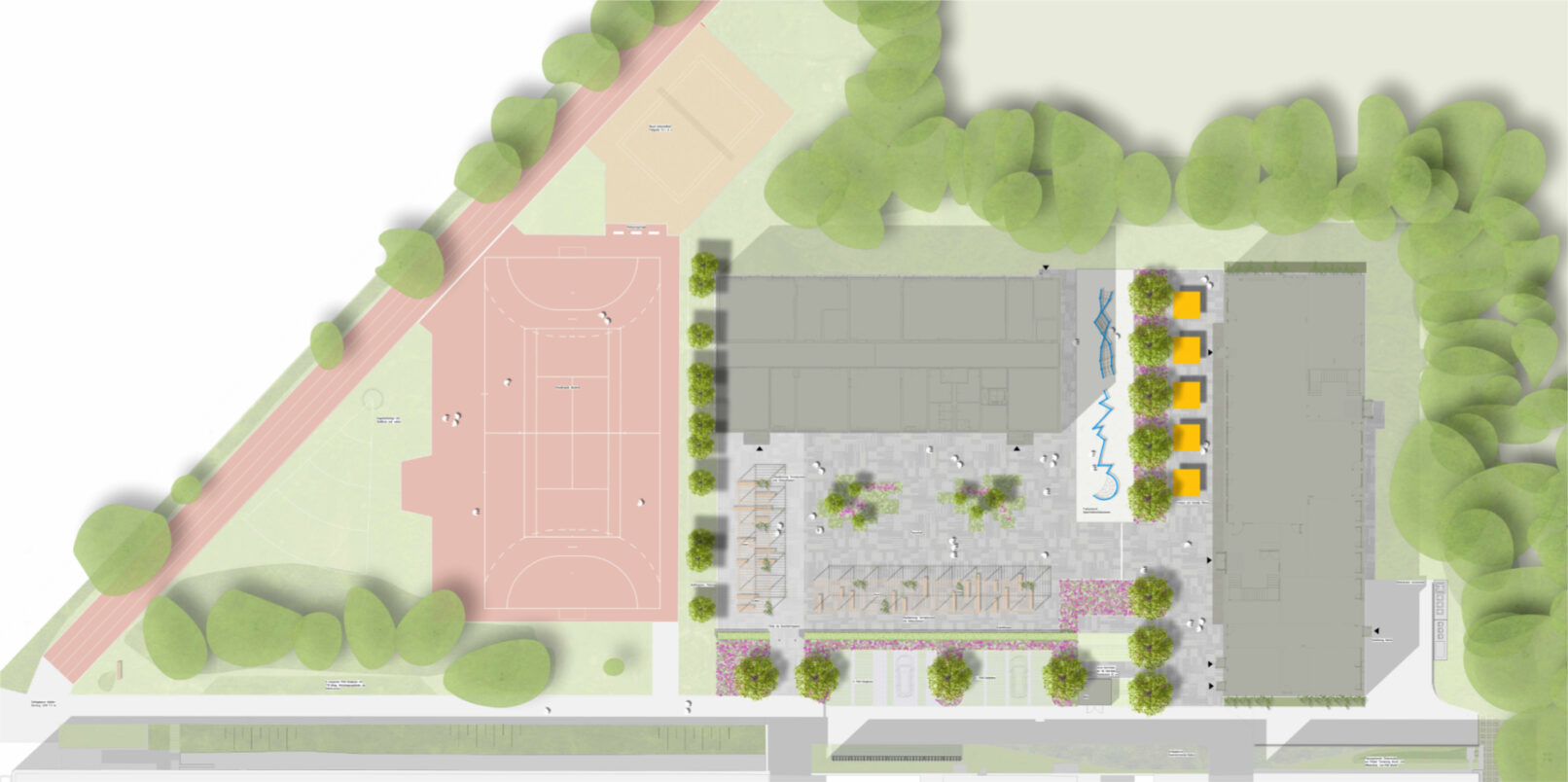 Welsch und Egger Landschaftsarchitekten Bauherr: Landeshauptstadt Muenchen - Referat fuer Bildung und Sport Projekt: Neubau eines Erweiterungsgebäudes und zweier mobilen Schulraumeinheit an der Grund- und Mittelschule Toni-Pfülf-Straße + Lassallestraße