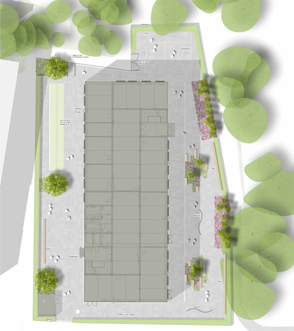 Welsch und Egger Landschaftsarchitekten Bauherr: Landeshauptstadt Muenchen - Referat fuer Bildung und Sport Projekt: Neubau eines Erweiterungsgebäudes und zweier mobilen Schulraumeinheit an der Grund- und Mittelschule Toni-Pfülf-Straße + Lassallestraße