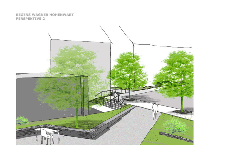 Welsch und Egger Landschaftsarchitekten Bauherr: Regens Wagner Hohenwart Projekt: Umbau und Erweiterung der Regens-Wagner-Schule Hohenwart Privates Förderzentrum, Förderschwerpunkt Hören und weitere Förderungen Neubau Tiefgeschoss, Haupteingang Zentralgebäude, Gestaltung Innenhof