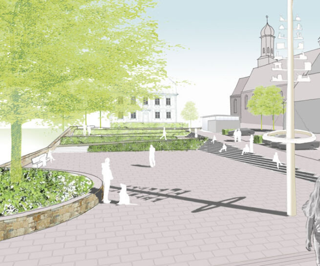 Welsch und Egger Landschaftsarchitekten Markt Zusmarshausen Wettbewerb Neugestaltung Rathausumfeld Perspektive